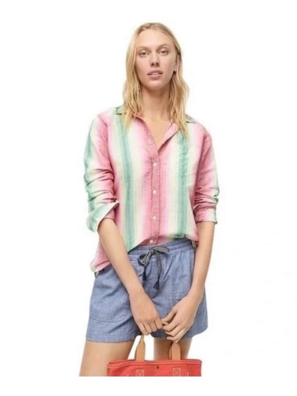 J. Crew Linen Pink & Mint Green Striped Button-Down Shirt